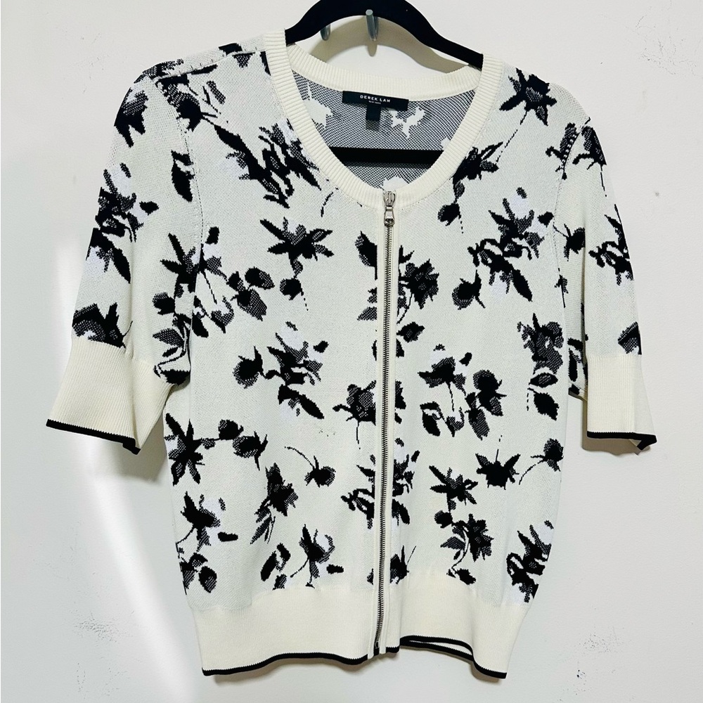 Derek Lam Floral Black and White Zip Cardigan